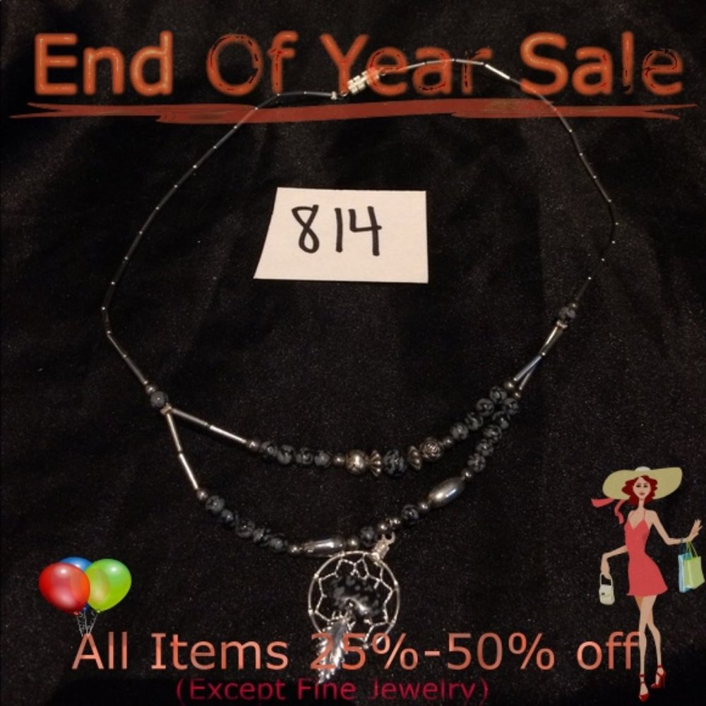 Silver Metal and Black Stone Necklace